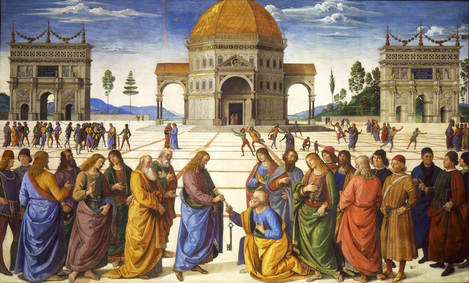 Pietro Perugino: Předání klíčů svatému Petrovi, freska v Sixtinské kapli (1481–1482).